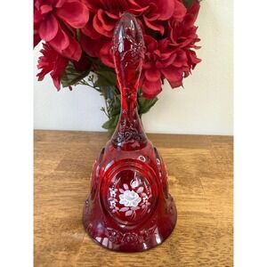 Hand Painted Fenton Ruby Red Glass Bell Signed B Thornton Floral Art